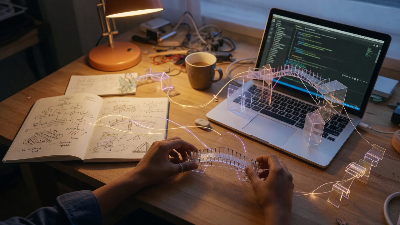 Engineer and AI co-building systems at a workshop desk