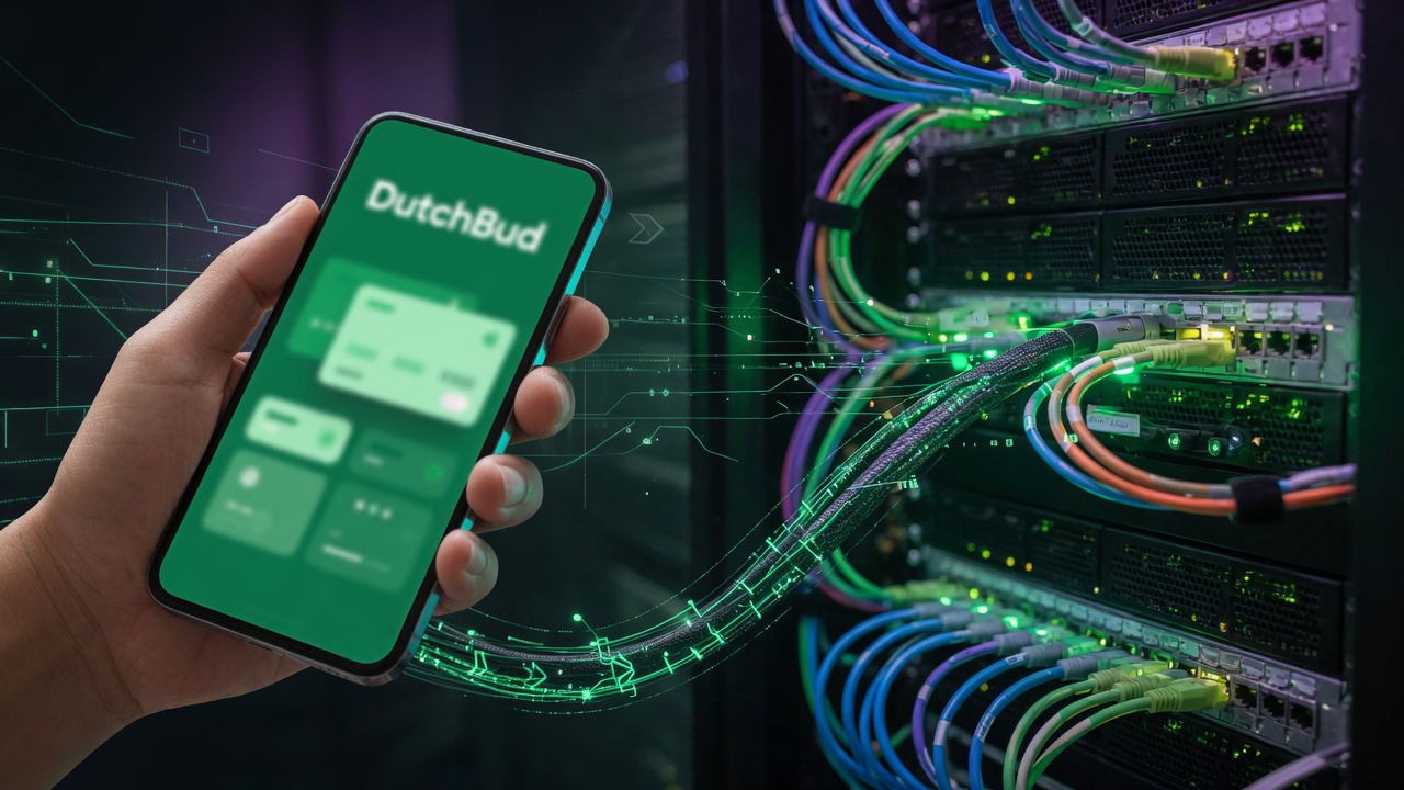 DutchBud app on a smartphone connected to on-premises banking infrastructure