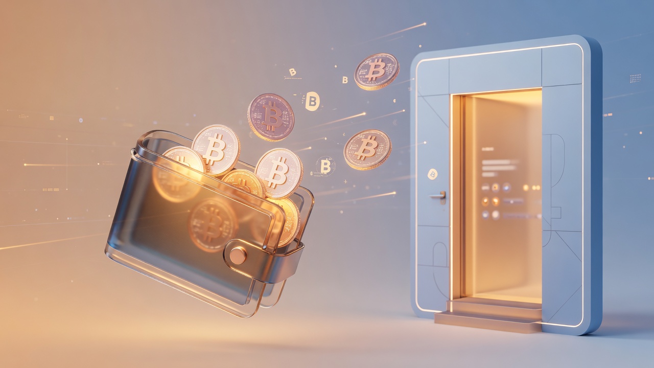 Abstract digital credits flowing toward a signup portal