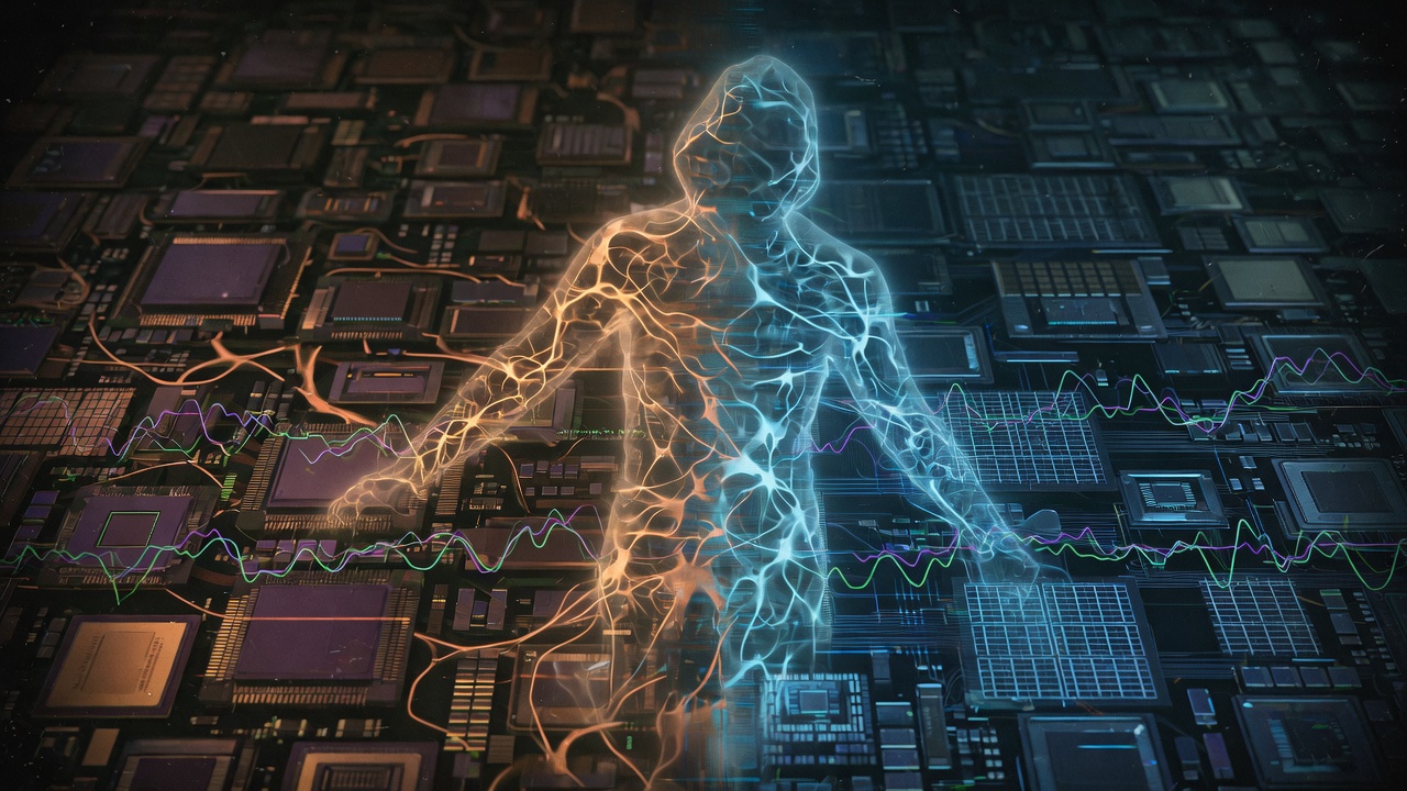 A ghostly neural silhouette rising from GPU silicon and transistor lattices