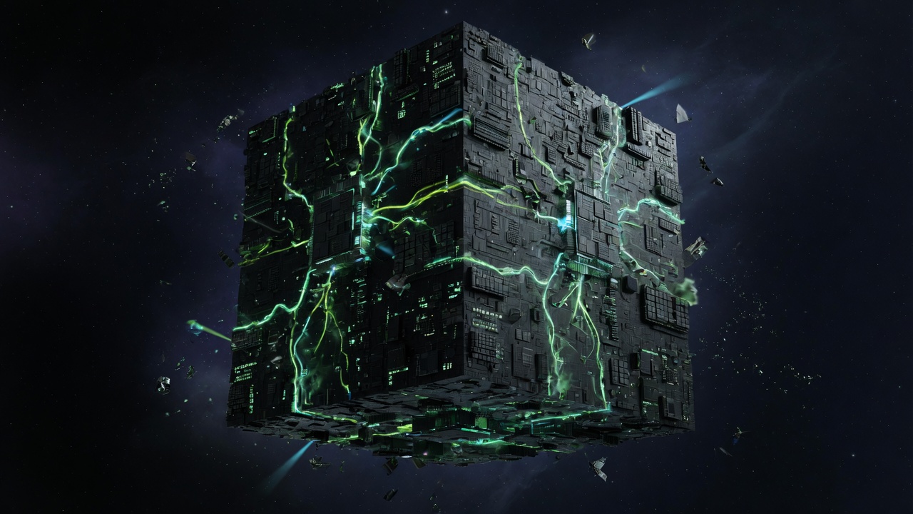 Ominous dark cubic megastructure in deep space — a visual stand-in for monolithic stacked memory-compute