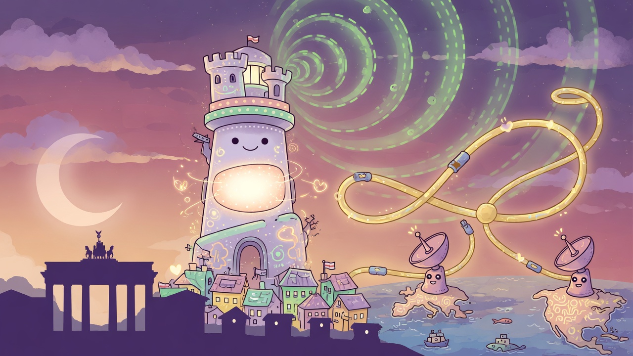 Whimsical illustration of a Berlin skyline linked by a golden network cable to a distant hub, with soft pulse rings of connectivity