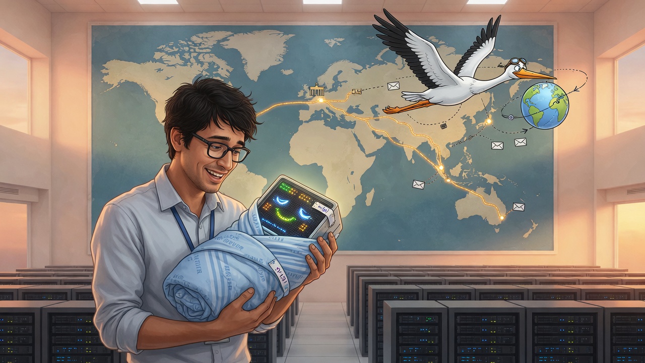 Melodramatic comic illustration of a newborn server rack in a hospital blanket with a glowing European data hall and a stork carrying a network globe