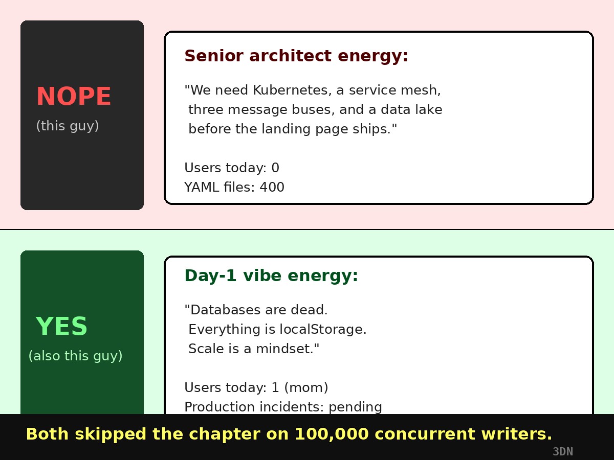 Two-panel meme: over-architecture with zero users versus vibe coding with localStorage and one user