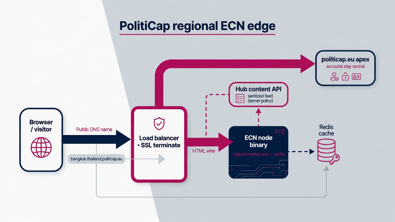Architecture diagram of the PolitiCap regional ECN edge: browser to load balancer SSL terminate to ECN node binary with Redis cache and hub content API, accounts on politicap.eu apex