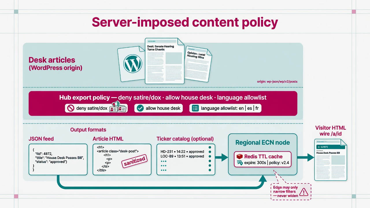 Diagram of server-imposed content policy: desk articles through hub export filter to JSON feed, article HTML, optional ticker catalog, then regional ECN Redis cache and visitor HTML wire