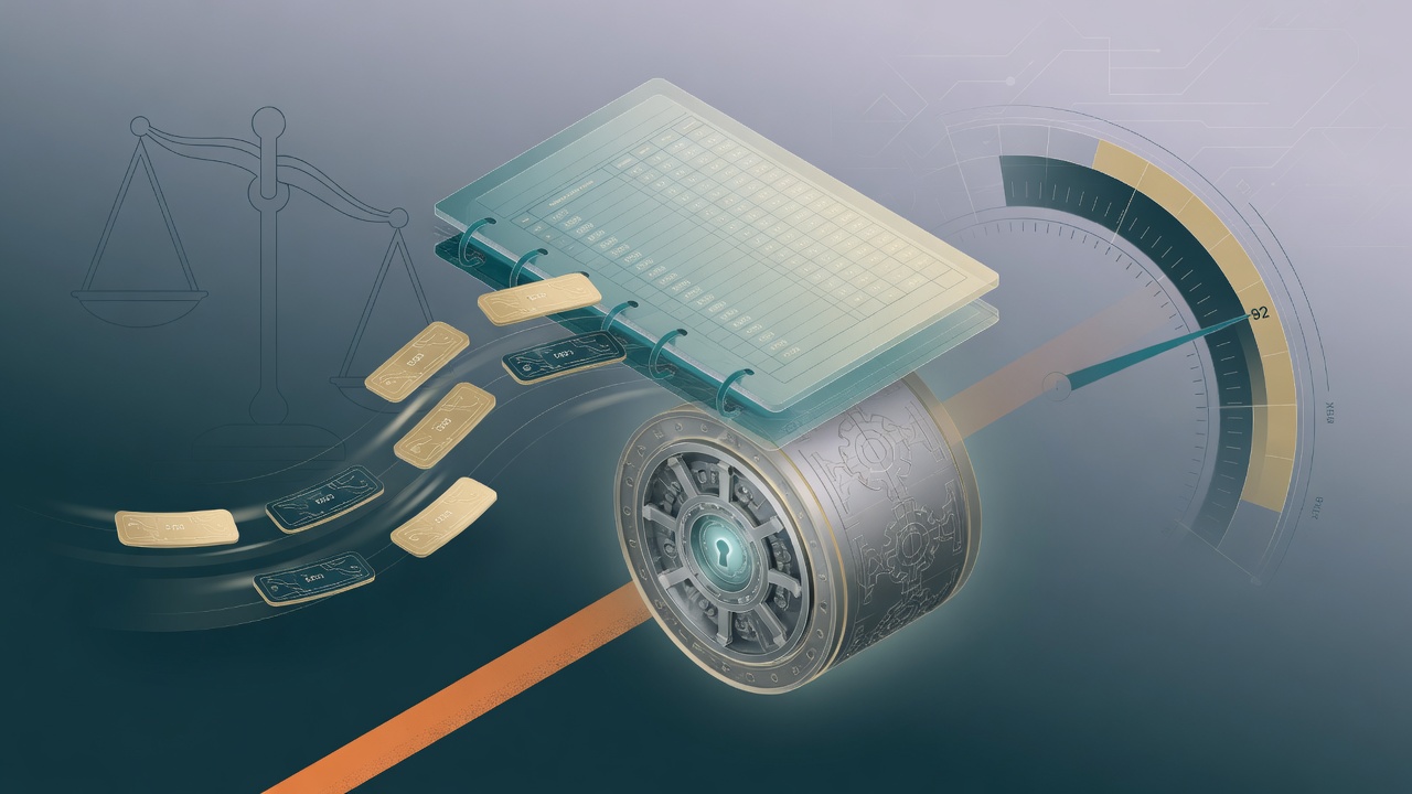 Digital bank ledger above a treasury vault — DutchBud monetary rails illustration