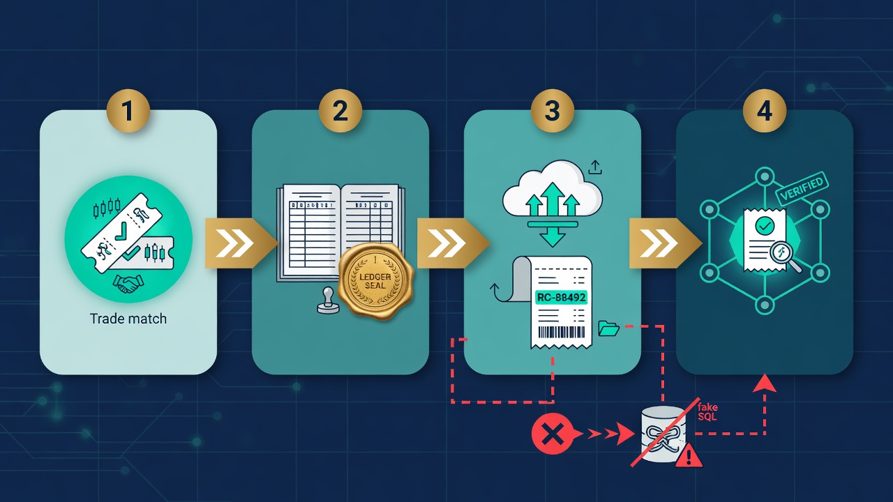 Trade match, ledger seal, batch with receipt, hub verify