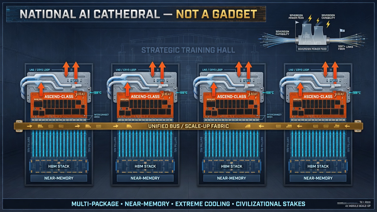 National AI hall: multiple Ascend-class modules with near-memory under compute, LN2 cooling loops above, connected by a unified scale-up bus