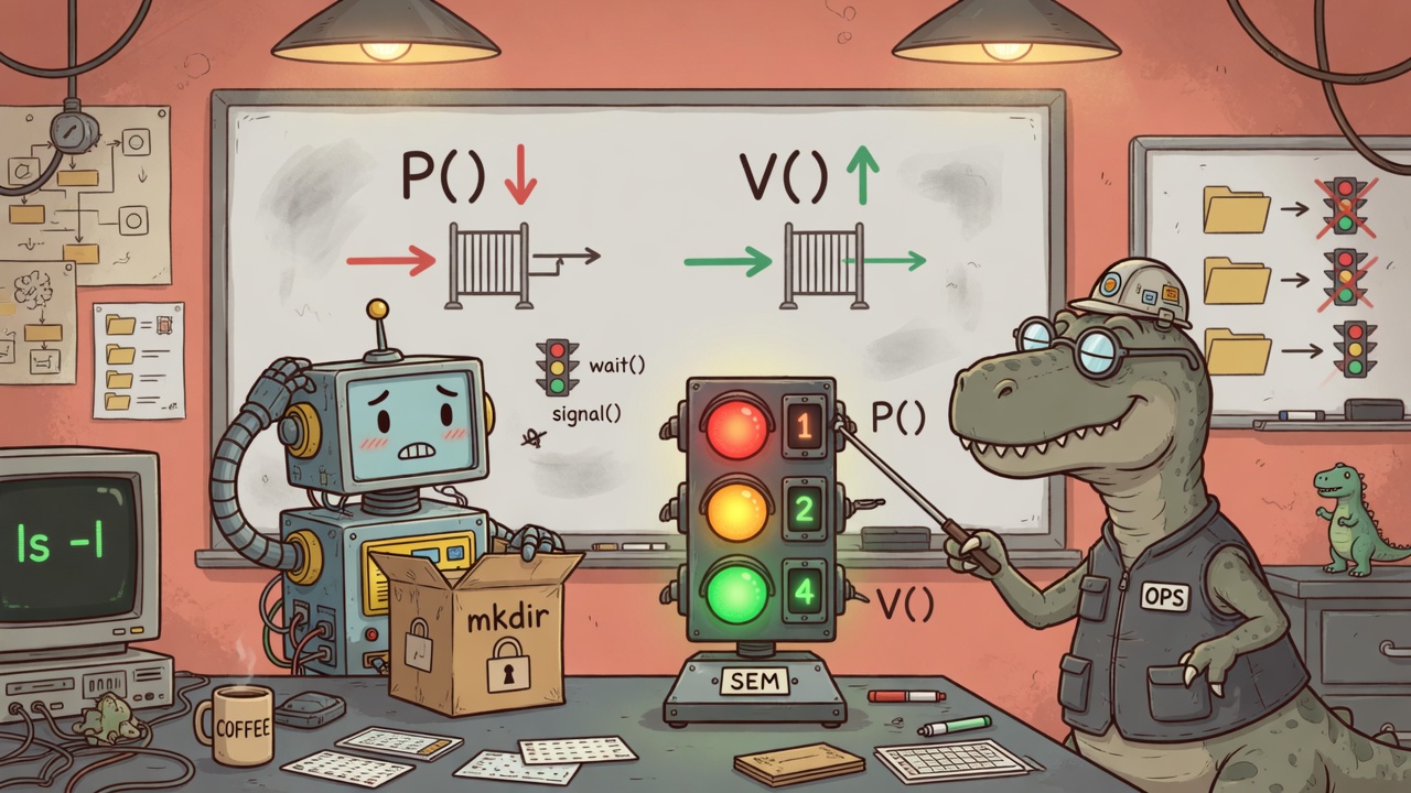 Coding agent holding a mkdir lock while a dinosaur engineer points at a proper semaphore