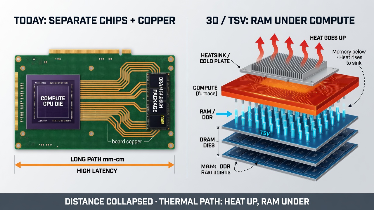 Left: separate compute and RAM with long copper. Right: RAM under compute with TSVs; heat rises to heatsink above.