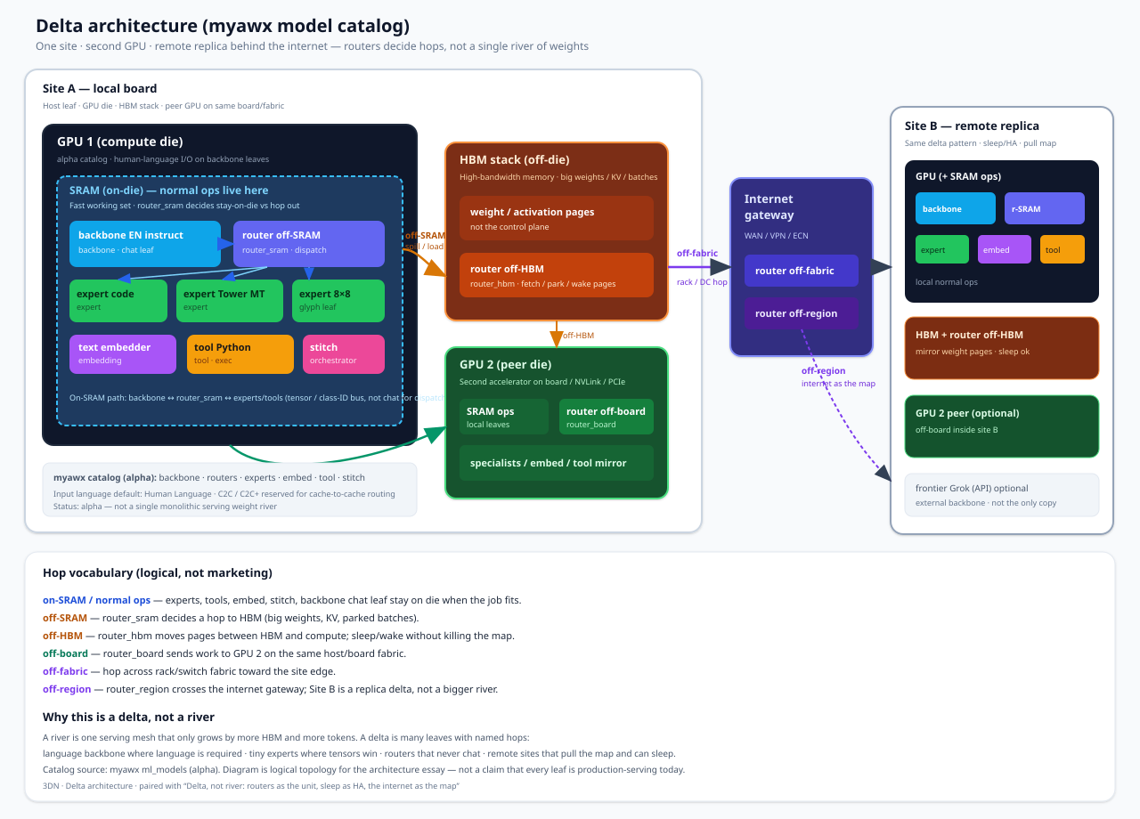 Delta architecture diagram: GPU die with SRAM-resident models and off-SRAM router; HBM stack with off-HBM router; peer GPU 2 off-board; internet gateway with off-fabric and off-region hops to a remote site replica
