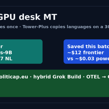 本地 GPU 批量 MT：3090 上的 Tower-Plus 降低了 3DN 和 PolitiCap 的 Frontier 代币成本