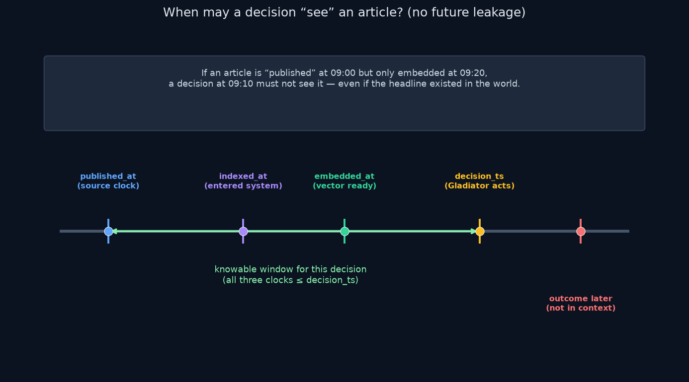 Tijdlijn van published_at, indexed_at, embedded_at, decision_ts en later resultaat